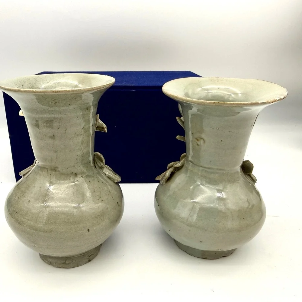 ATQ Pair of Chinese Celadon Crackle Glaze Vases High-Relief Botanical Appliqués